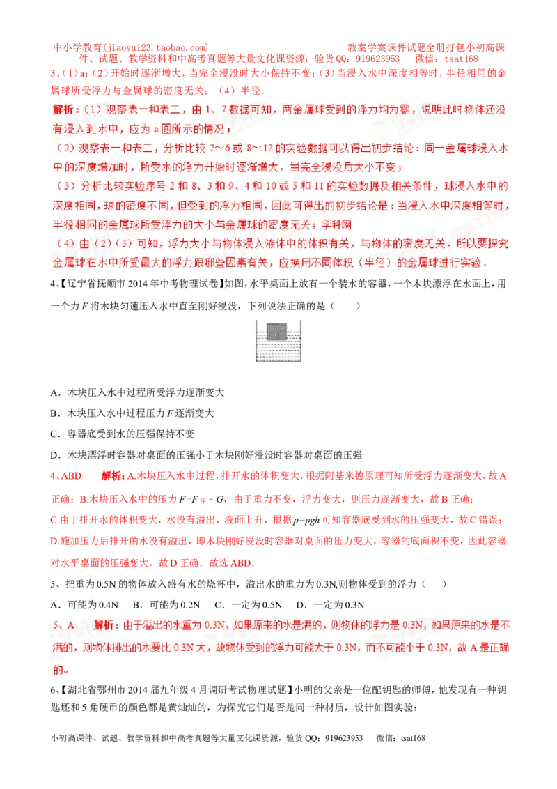 专题06探究影响浮力大小的因素（第03期）-2016年中考物理考点总动员系列（解析版）_初物_1初中物理_物理：2016年中考物理考点总动员系列全套打包150份