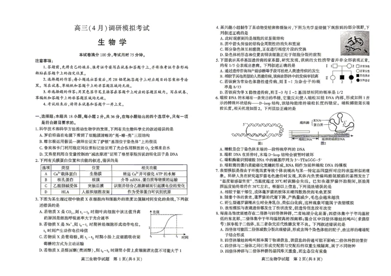 高三（4月）调研模拟考试生物_2024-2026高三（6-6月题库）_2026年04月高三试卷_2604302026届湖北省高三(4月)调研模拟考试（全科）_2026届湖北省高三(4月)调研模拟考试生物