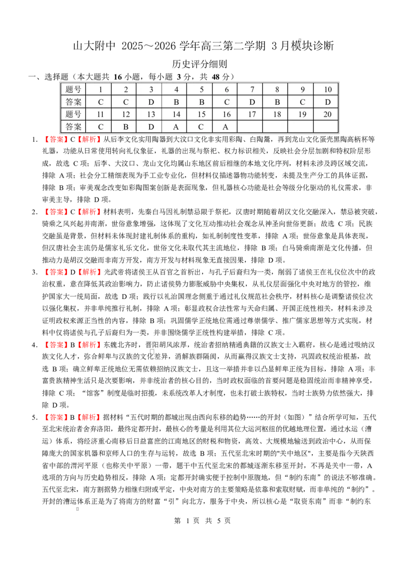 高三历史3月参考答案_2024-2026高三（6-6月题库）_2026年03月高三试卷_260315山西大学附属中学校2025-2026学年高三年级第二学期3月模块诊断（全科）