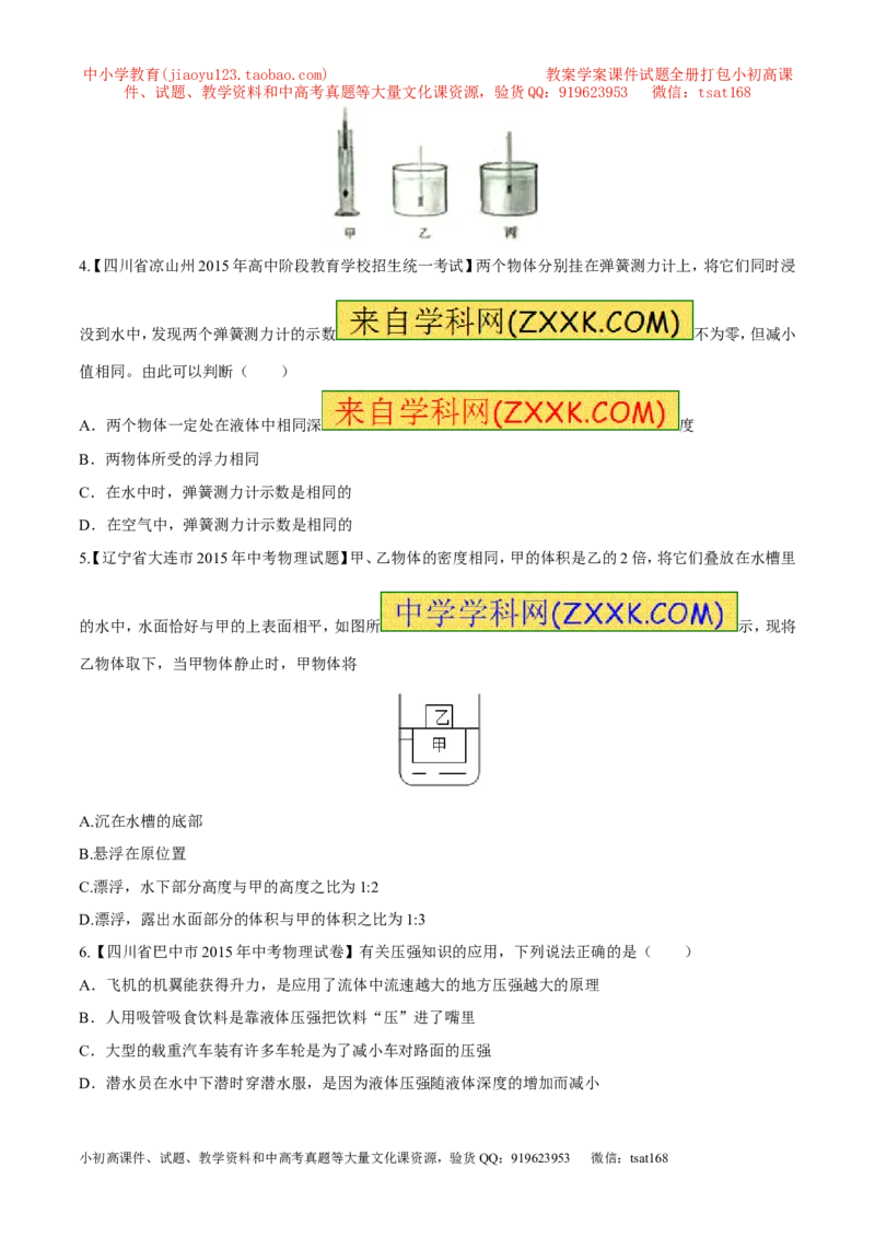 专题07压强和浮力-2年中考1年模拟备战2016年中考物理精品系列（各省统一命题专版）（原卷版）_初物_1初中物理_物理：2年中考1年模拟备战2016年中考物理精品系列全套打包30份