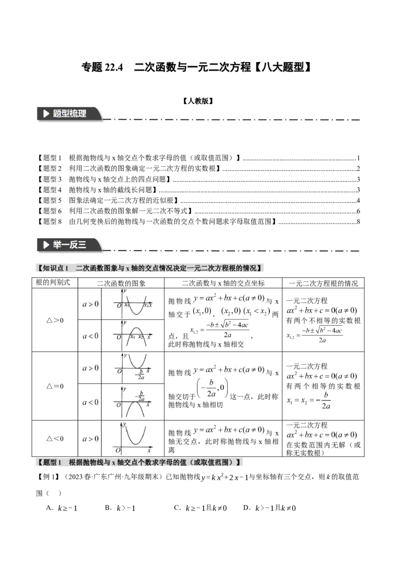 专题22.4二次函数与一元二次方程（八大题型）（举一反三）（人教版）（学生版）_初中数学_九年级数学上册（人教版）_母题专项-U66_2024版