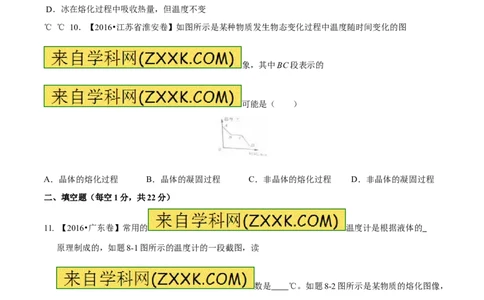 专题11温度物态变化（测试）-2017年中考物理一轮复习讲练测课课通（原卷版）_初物_1初中物理_物理：2017年中考物理一轮复习讲练测课课通全套打包115份