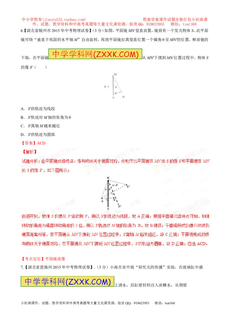 专题02光现象-2年中考1年模拟备战2016年中考物理精品系列（各省统一命题专版）（解析版）_初物_1初中物理_物理：2年中考1年模拟备战2016年中考物理精品系列全套打包30份