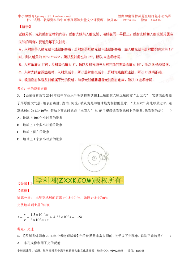 专题02光现象-2年中考1年模拟备战2016年中考物理精品系列（各省统一命题专版）（解析版）_初物_1初中物理_物理：2年中考1年模拟备战2016年中考物理精品系列全套打包30份