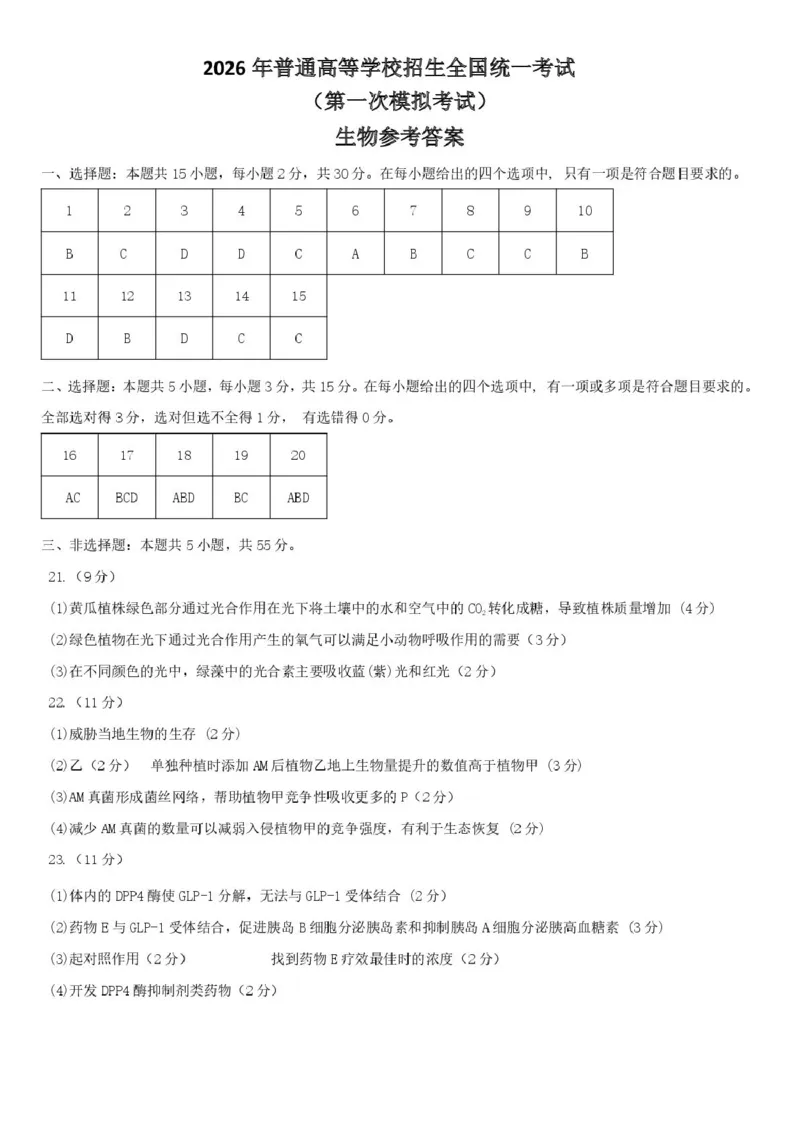 高三第一次模拟考试生物参考答案_2024-2026高三（6-6月题库）_2026年03月高三试卷_260314内蒙古包头市2026届高三第一次模拟考试（全科）