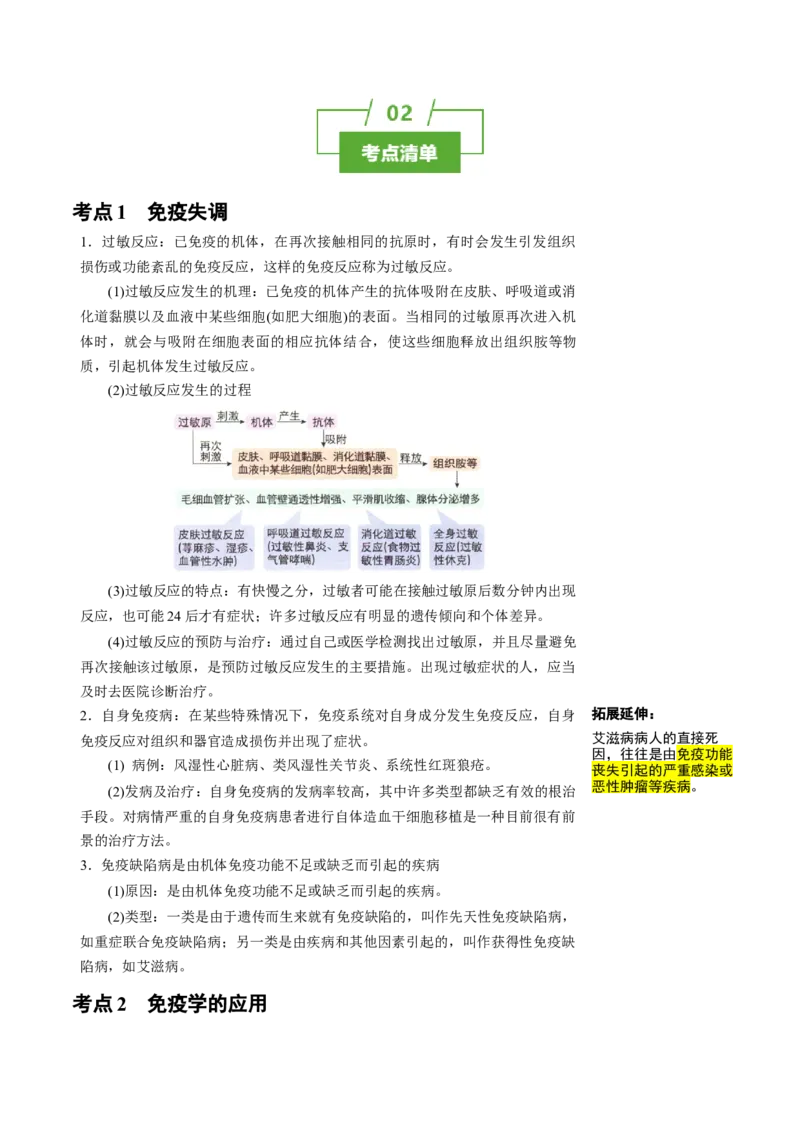 知识清单25免疫失调及免疫学应用（2大考点+4个易错点）-上好课2025年高考生物一轮复习知识清单_2025年新高考资料_一轮复习_上好课2025年高考生物一轮复习知识清单325572639
