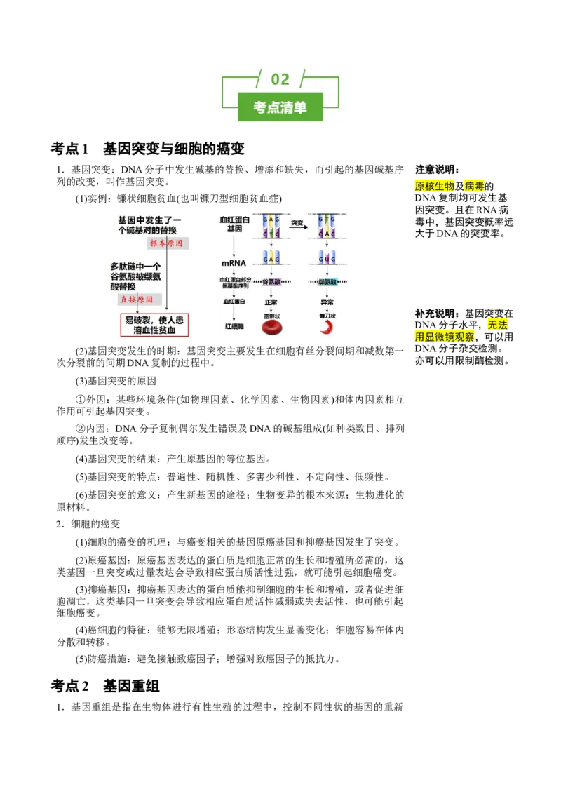 知识清单17+基因突变及其他变异（4大考点+10个易错点）-上好课2025年高考生物一轮复习知识清单_2025年新高考资料_一轮复习_上好课2025年高考生物一轮复习知识清单325572639