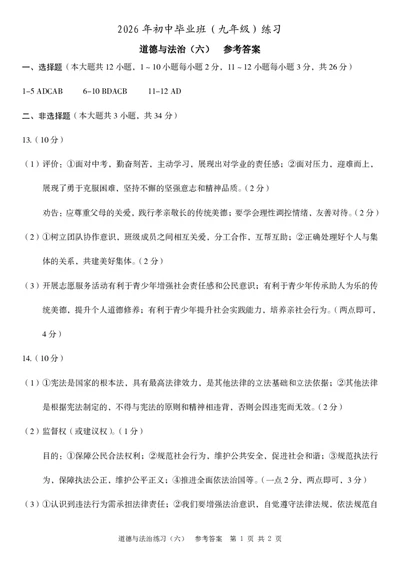 九年级道德与法治（六）参考答案_2026河北中考麒麟卷道法