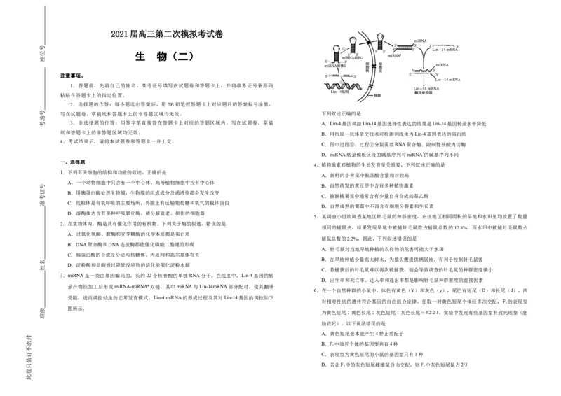 格致精选2021届高三第二次模拟考试卷生物（二）学生版_通用版（老高考）复习资料_2023年复习资料_专项复习_2023《微专题&middot;小练习》&middot;生物_模拟题_2021二模试卷