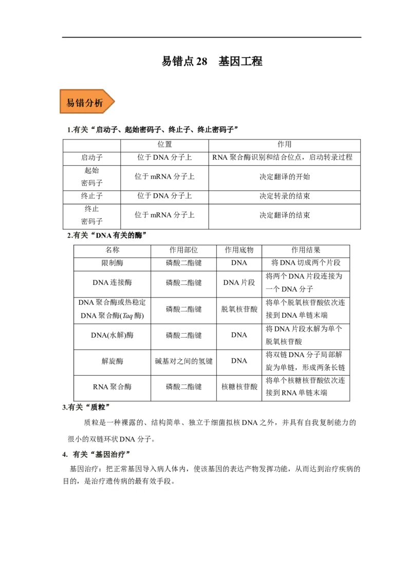 易错点28基因工程-备战2023年高考生物考试易错题（新教材新高考）（原卷版）_新高考复习资料_2023年新高考复习资料_专项复习_备战2023年高考生物考试易错题（新教材新高考）