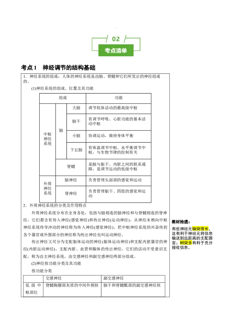 知识清单20+神经调节的结构基础与基本方式（2大考点+5个易错点）-上好课2025年高考生物一轮复习知识清单_2025年新高考资料_一轮复习