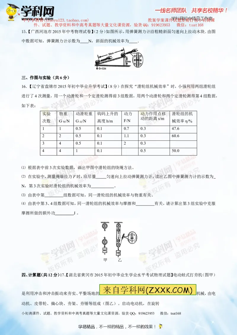 专题10.2机械效率（测试）-2016年中考物理一轮复习讲练测课课通（原卷版）_初物_1初中物理_物理：2016年中考物理一轮复习讲练测课课通全套打包116份