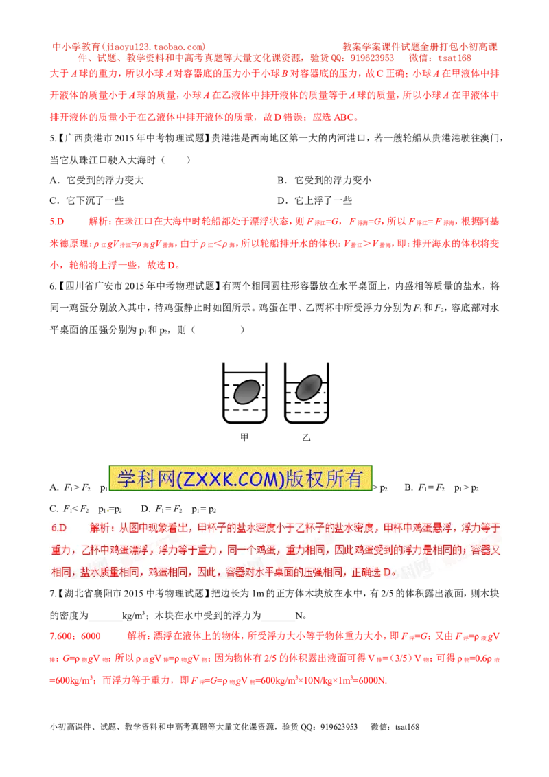 专题07物体的浮沉条件及应用（第03期）-2016年中考物理考点总动员系列（解析版）_初物_1初中物理_物理：2016年中考物理考点总动员系列全套打包150份