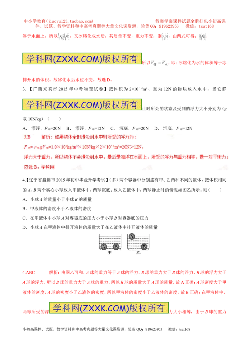 专题07物体的浮沉条件及应用（第03期）-2016年中考物理考点总动员系列（解析版）_初物_1初中物理_物理：2016年中考物理考点总动员系列全套打包150份