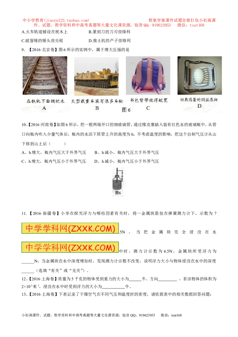 专题07压强和浮力-2年中考1年模拟备战2017年中考物理精品系列（各省统一命题专版）（原卷版）_初物_1初中物理_物理：2017年中考物理2年中考1年模拟精品系列全套打包30份