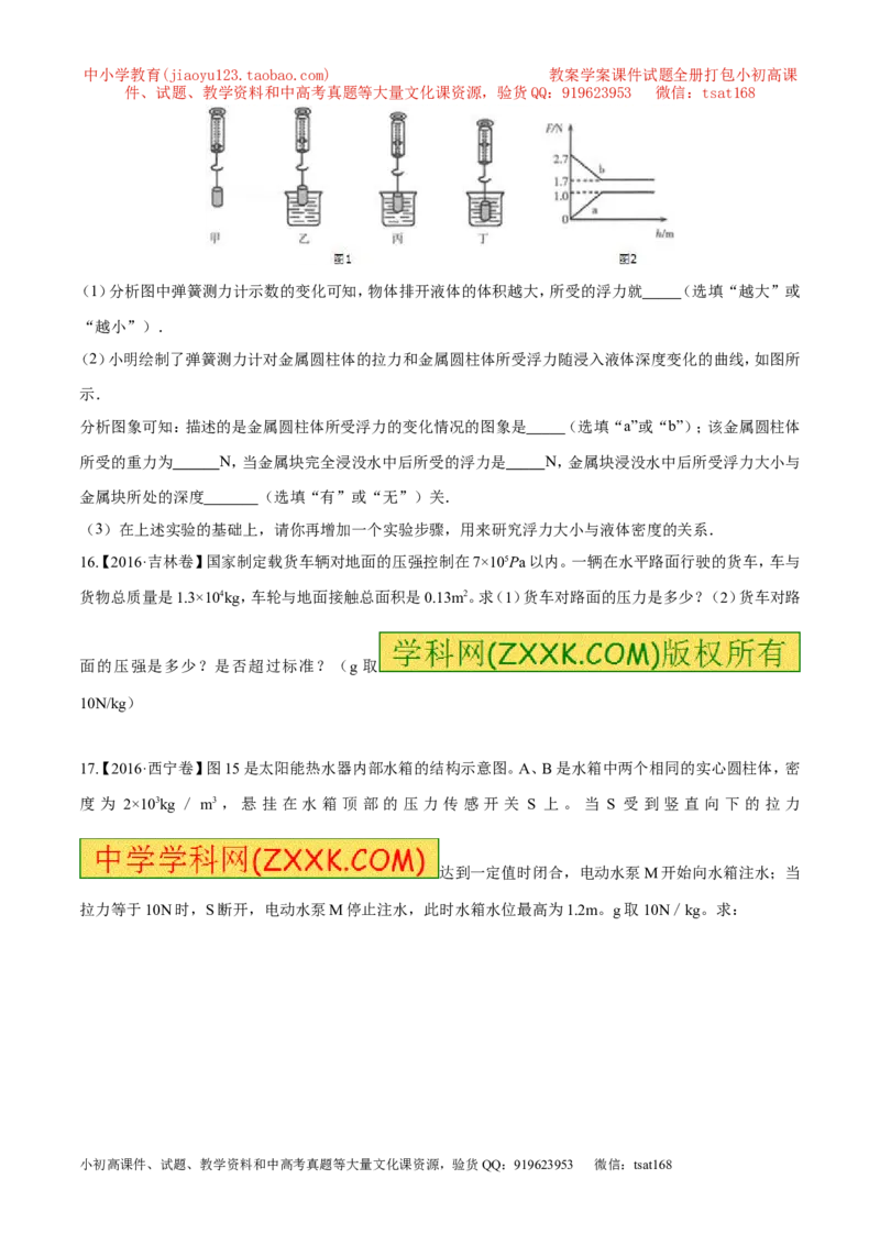 专题07压强和浮力-2年中考1年模拟备战2017年中考物理精品系列（各省统一命题专版）（原卷版）_初物_1初中物理_物理：2017年中考物理2年中考1年模拟精品系列全套打包30份