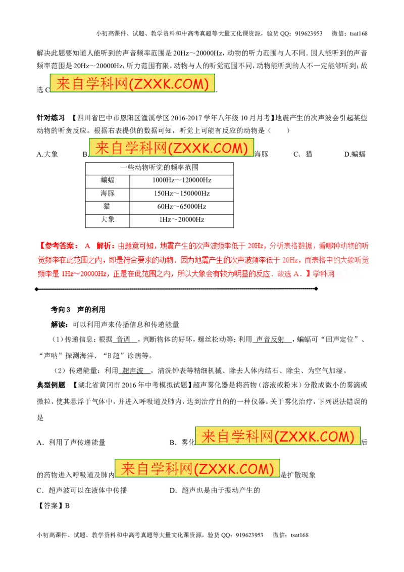 专题1.2噪声声音的分类声的利用（讲练）-2017年中考物理一轮复习讲练测课课通（解析版）_初物_1初中物理_物理：2017年中考物理一轮复习讲练测课课通全套打包115份