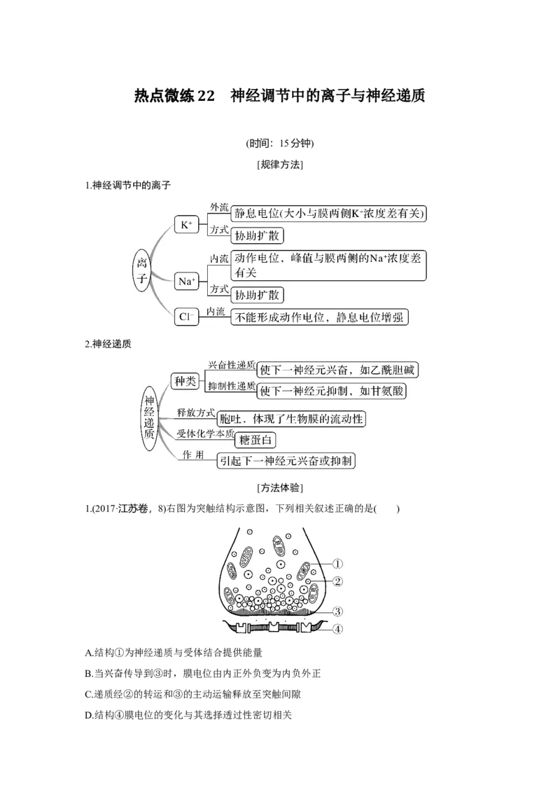热点微练22　神经调节中的离子与神经递质_新高考复习资料_2023年新高考复习资料_一轮复习_2023年新高考大一轮复习讲义_2023年高考生物一轮复习讲义（新人教新高考）_赠补充习题