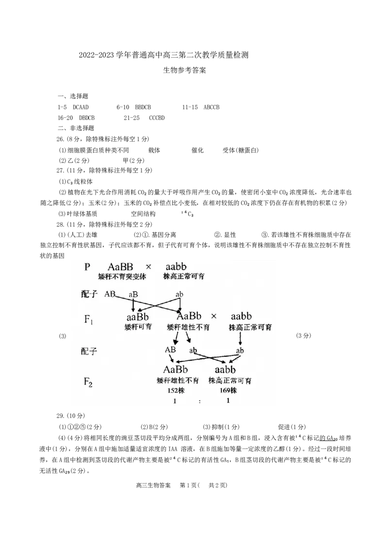 生物答案_生物高考模拟题_老高考_2023年_2023河南省信阳市普通高中高三第二次教学质量检测1.16-17生物