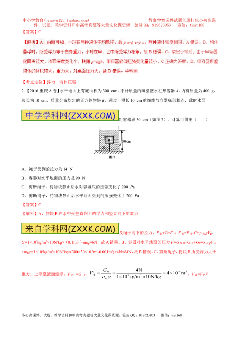专题07压强和浮力-2年中考1年模拟备战2017年中考物理精品系列（各省统一命题专版）（解析版）_初物_1初中物理_物理：2017年中考物理2年中考1年模拟精品系列全套打包30份