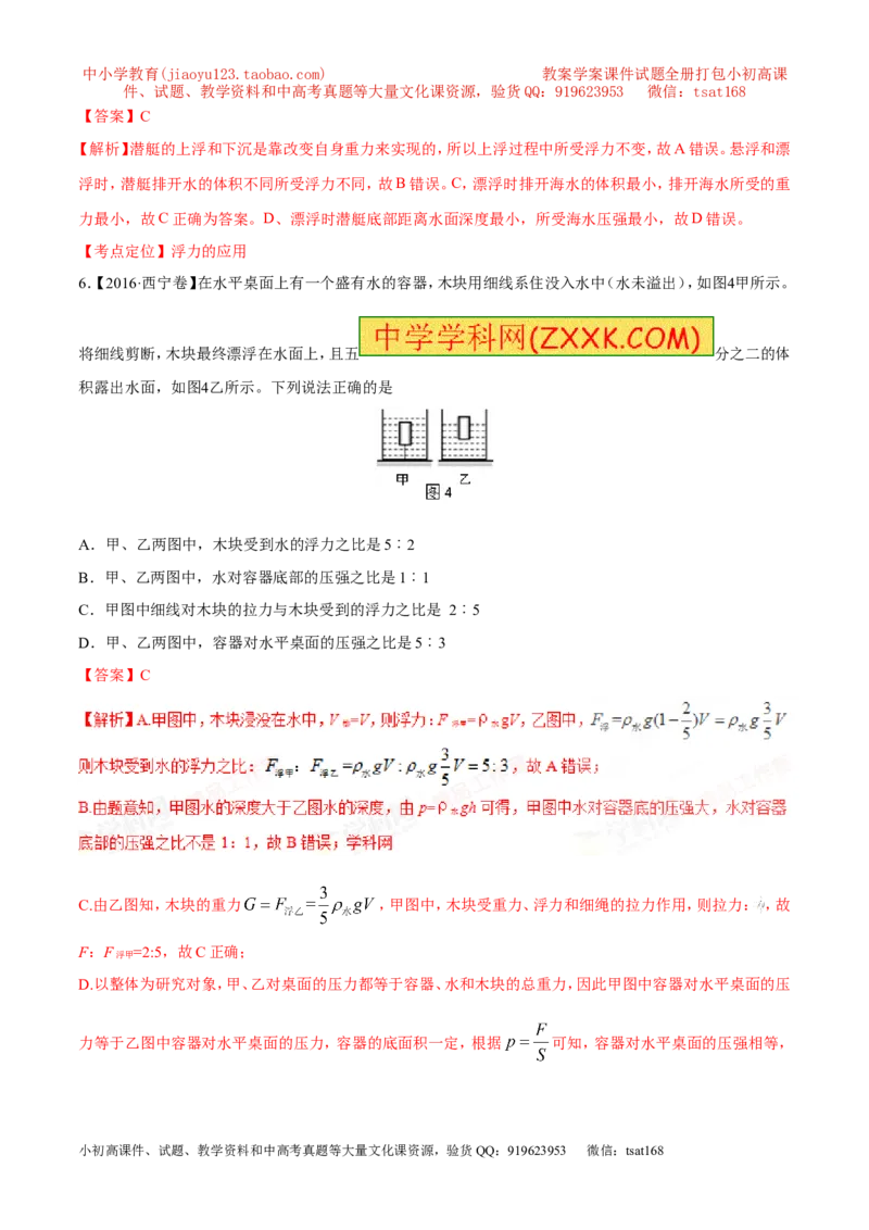 专题07压强和浮力-2年中考1年模拟备战2017年中考物理精品系列（各省统一命题专版）（解析版）_初物_1初中物理_物理：2017年中考物理2年中考1年模拟精品系列全套打包30份