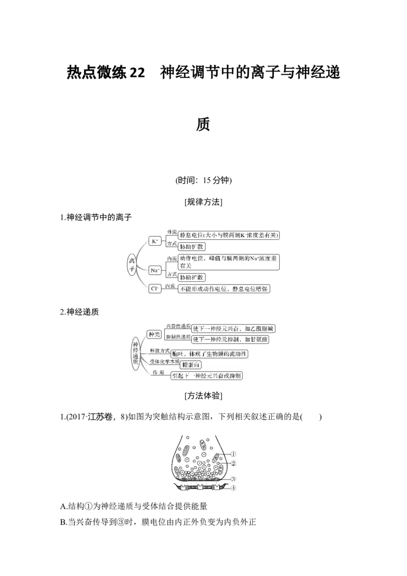 热点微练22神经调节中的离子与神经递质_通用版（老高考）复习资料_2023年复习资料_一轮复习_2023年高考生物一轮复习讲义+课件（全国版）_2023年高考生物一轮复习讲义（全国版）