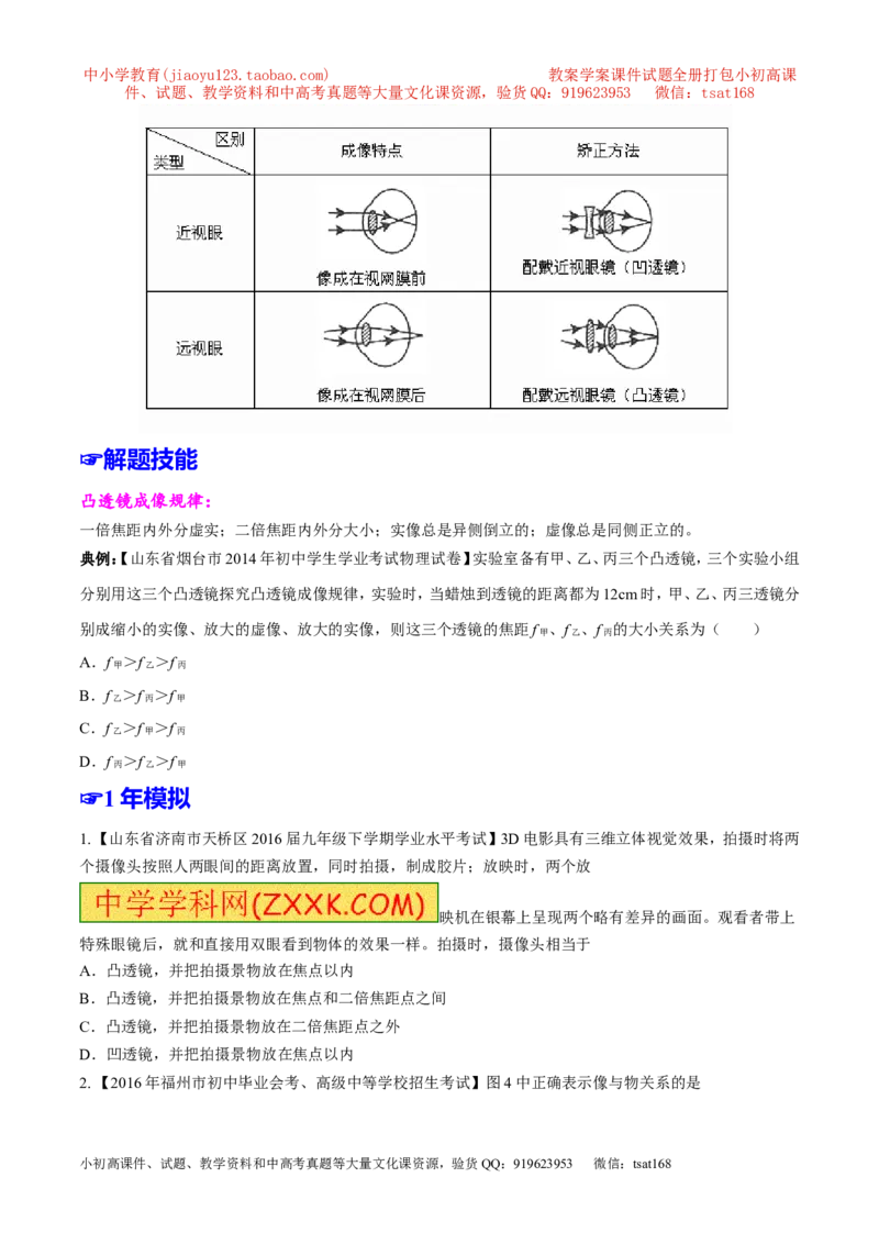 专题03透镜-2年中考1年模拟备战2017年中考物理精品系列（各省统一命题专版）（原卷版）_初物_1初中物理_物理：2017年中考物理2年中考1年模拟精品系列全套打包30份