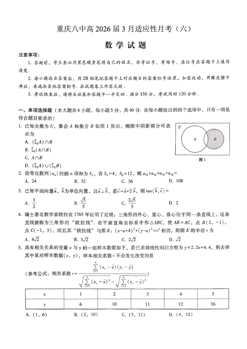 重庆市第八中学2026届高考适应性月考卷（六）数学_2024-2026高三（6-6月题库）_2026年03月高三试卷_260323重庆市第八中学2026届高考适应性月考卷（六）（全科）