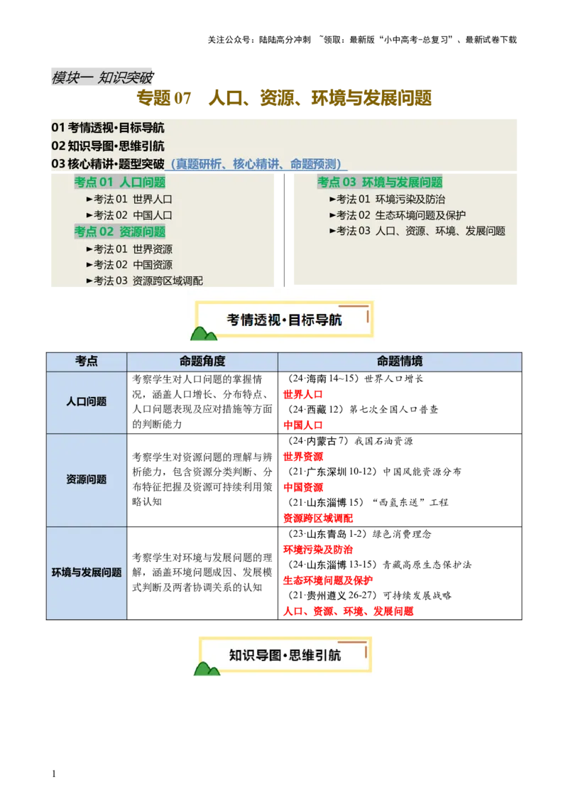 专题07人口、资源、环境与发展问题（讲练：核心精讲+命题预测）（原卷版）_02中考总复习（2026版更新中）_09-地理-中考总复习_2025中考地理复习资料_2025中考二轮课件ppt+讲义+练习地理