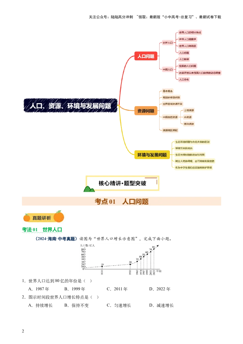 专题07人口、资源、环境与发展问题（讲练：核心精讲+命题预测）（原卷版）_02中考总复习（2026版更新中）_09-地理-中考总复习_2025中考地理复习资料_2025中考二轮课件ppt+讲义+练习地理