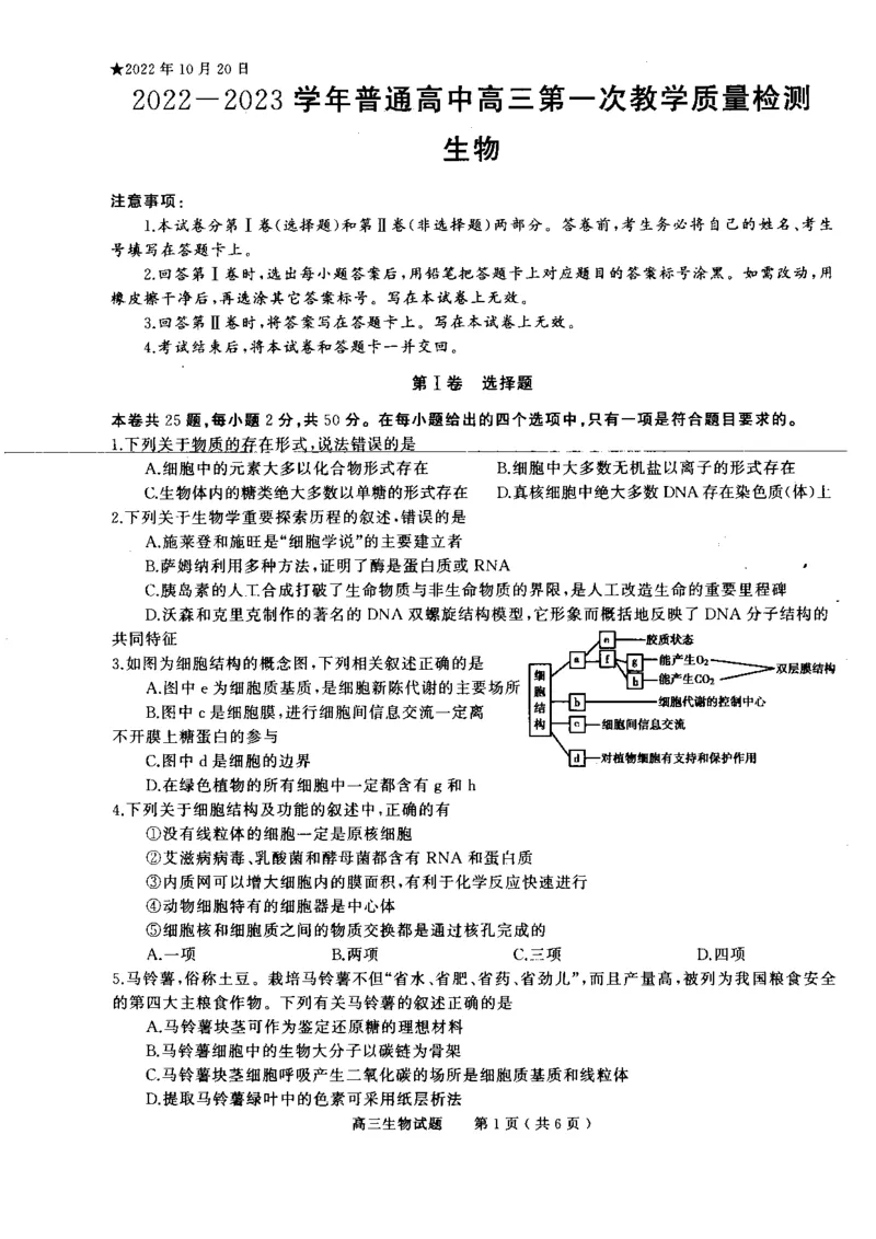 河南省信阳市普通高中2022-2023学年高三上学期第一次教学质量检测生物试题_生物高考模拟题_老高考_2023年_河南省信阳市普通高中2022-2023学年高三上学期第一次教学质量检测生物(1)