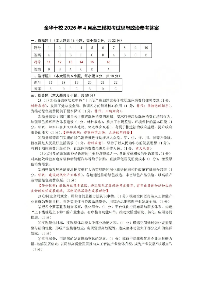 金华十校2026年4月高三模拟考试政治答案_2024-2026高三（6-6月题库）_2026年04月高三试卷_260412浙江省金华十校2026年4月高三模拟考试（全科）