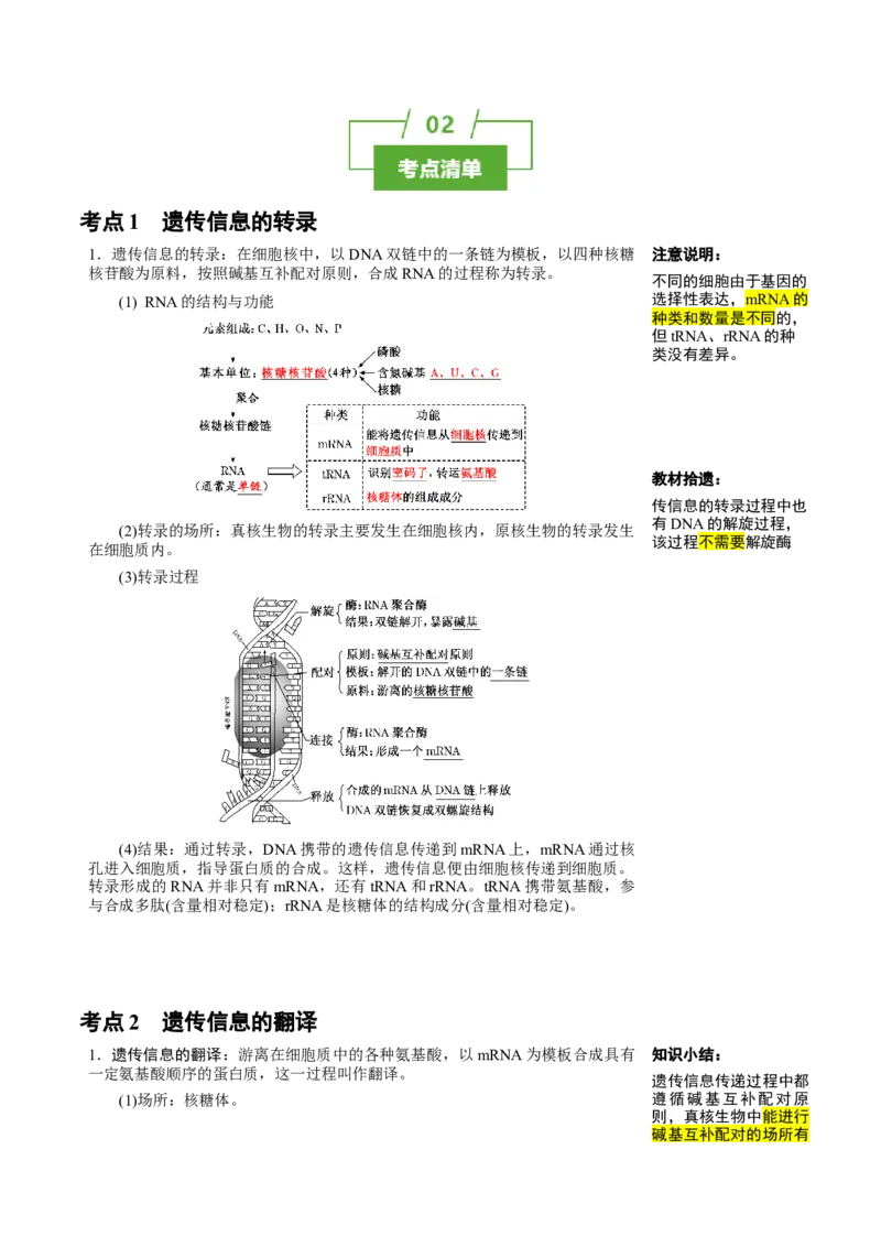 知识清单16基因的表达（3大考点3个易错点）-上好课2025年高考生物一轮复习知识清单_2025年新高考资料_一轮复习_上好课2025年高考生物一轮复习知识清单325572639