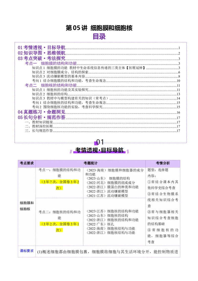 第05讲细胞膜和细胞核（讲义）（原卷版）_新高考复习资料_2025年新高考资料_2025年高考生物一轮复习讲练测（新教材新高考）