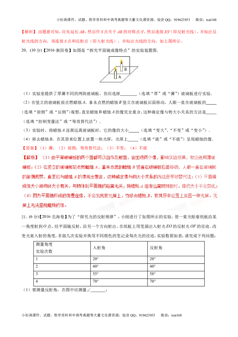专题2.1光的直线传播光的反射和折射（测试）-2017年中考物理一轮复习讲练测课课通（解析版）_初物_1初中物理_物理：2017年中考物理一轮复习讲练测课课通全套打包115份