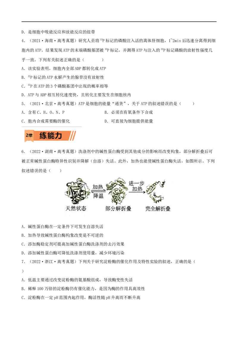 第07练ATP和酶（原卷版）_新高考复习资料_2023年新高考复习资料_一轮复习_2023年高考生物一轮复习小题多维练（新高考专用）