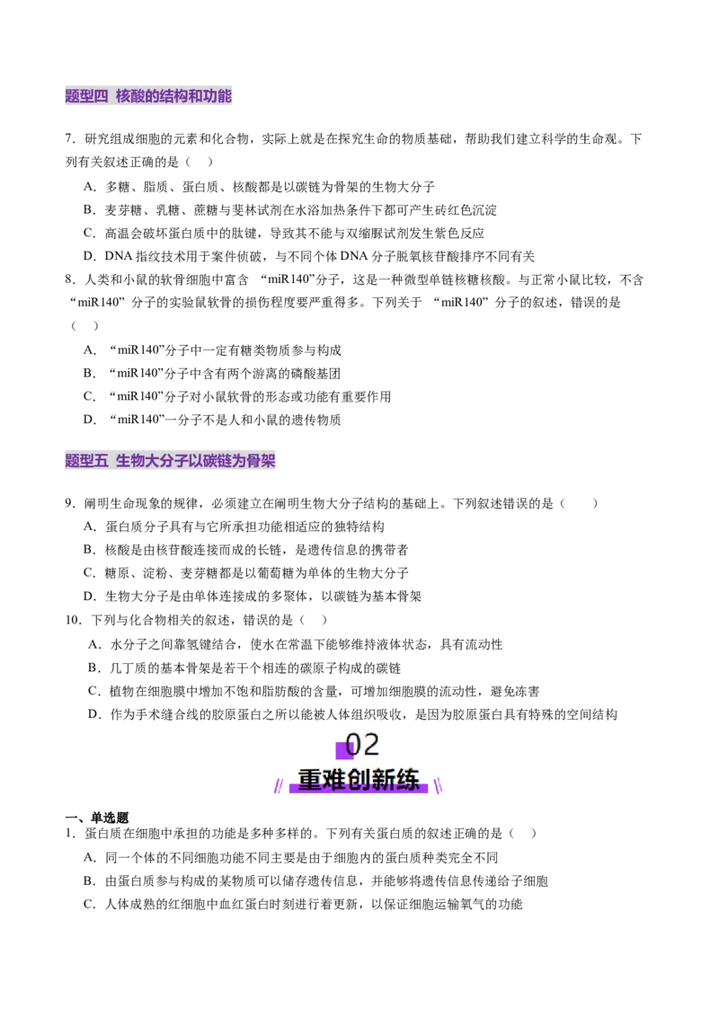 第04讲蛋白质和核酸（练习）（原卷版）_2025年新高考资料_一轮复习_2025年高考生物一轮复习讲练测（新教材新高考）