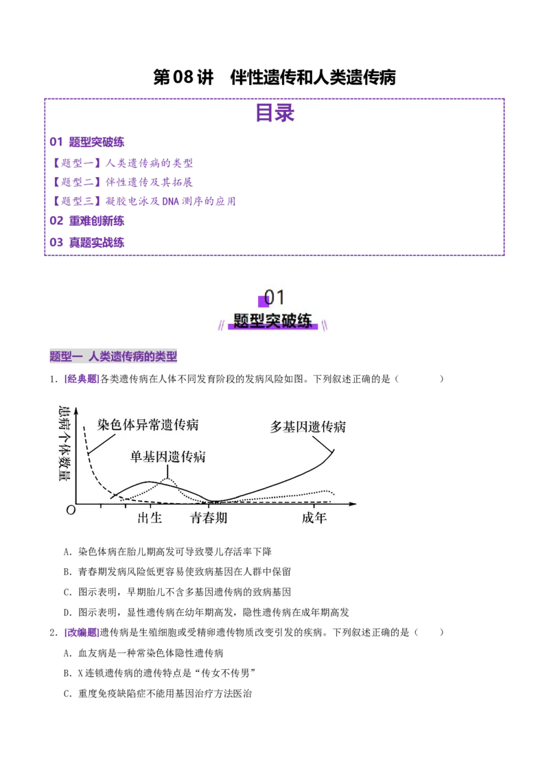 第08讲伴性遗传和人类遗传病（专项训练，3大题型）（原卷版）_2025年新高考资料_二轮复习_01高考语文等多个文件_上好课2025年高考生物二轮复习讲练测（新高考通用）