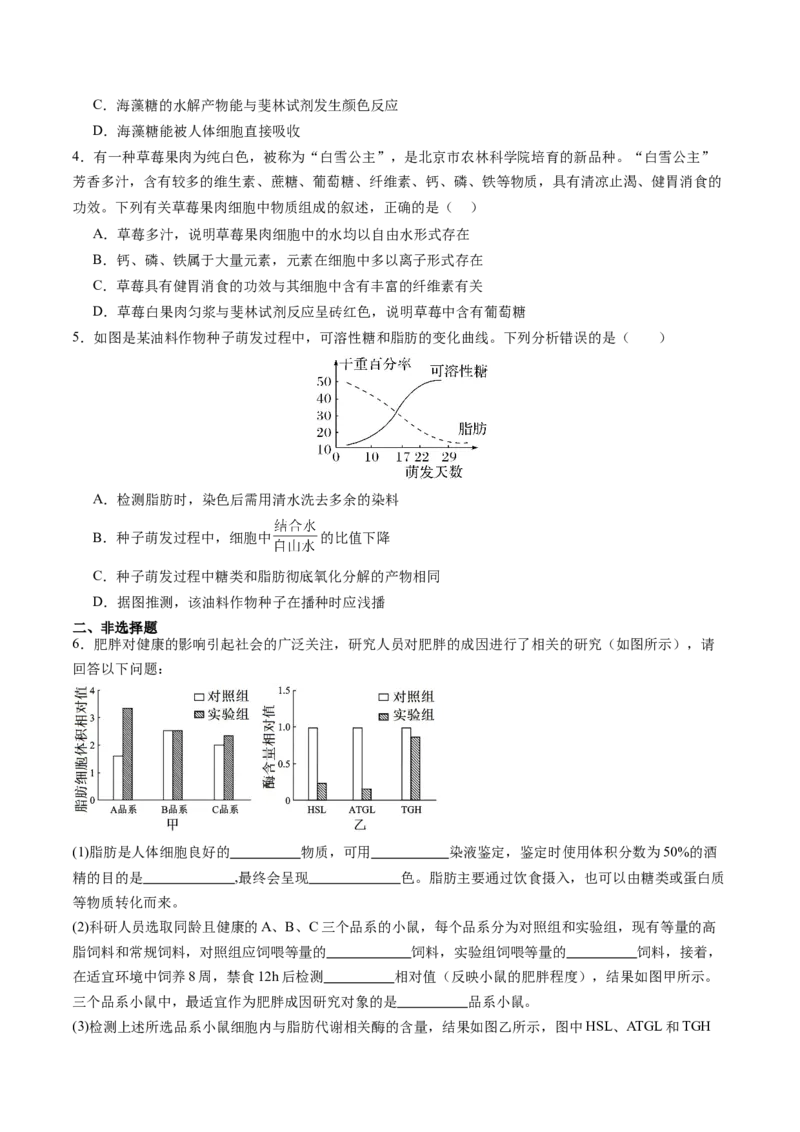 第03讲糖类和脂质（练习）（原卷版）_2025年新高考资料_一轮复习_2025年高考生物一轮复习讲练测（新教材新高考）