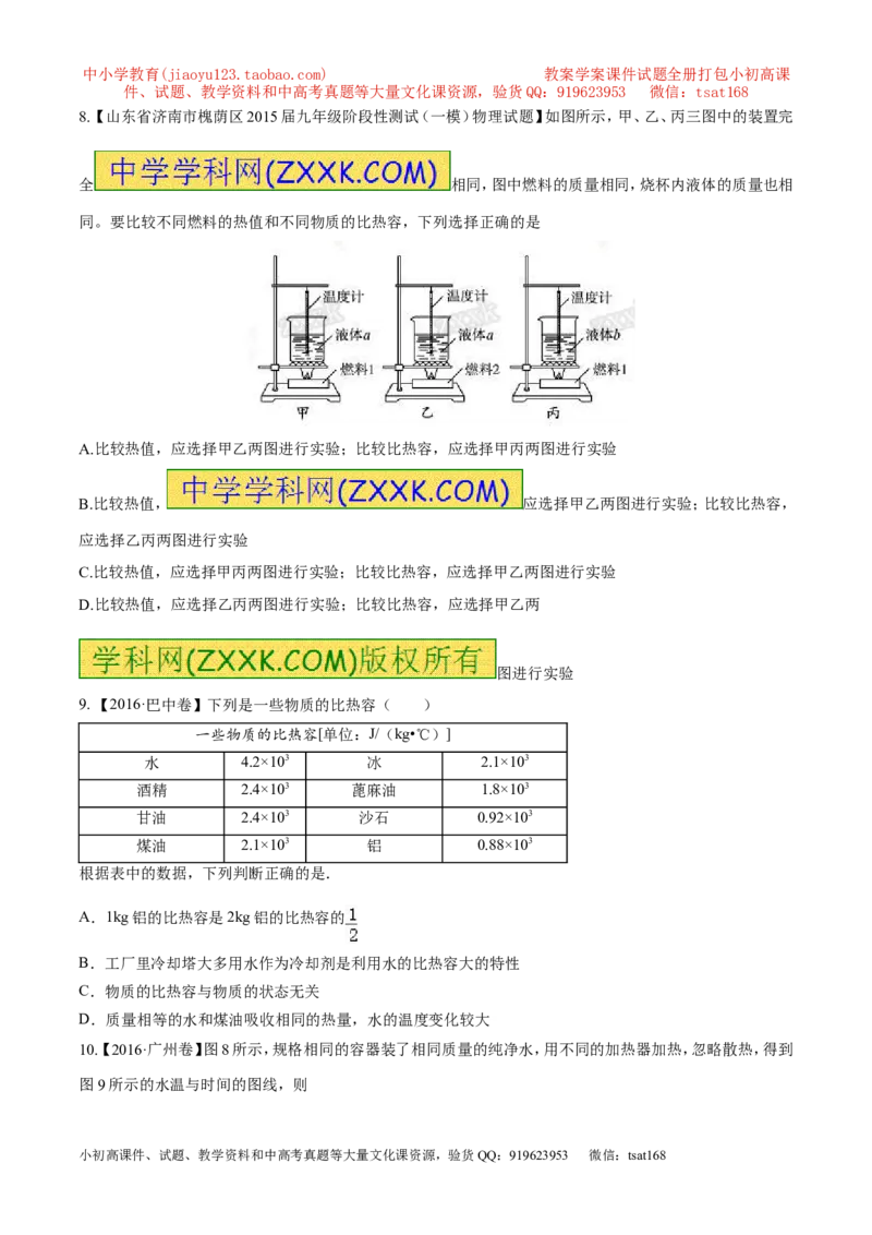 专题12.2比热容及其应用（测试）-2017年中考物理一轮复习讲练测课课通（原卷版）_初物_1初中物理_物理：2017年中考物理一轮复习讲练测课课通全套打包115份