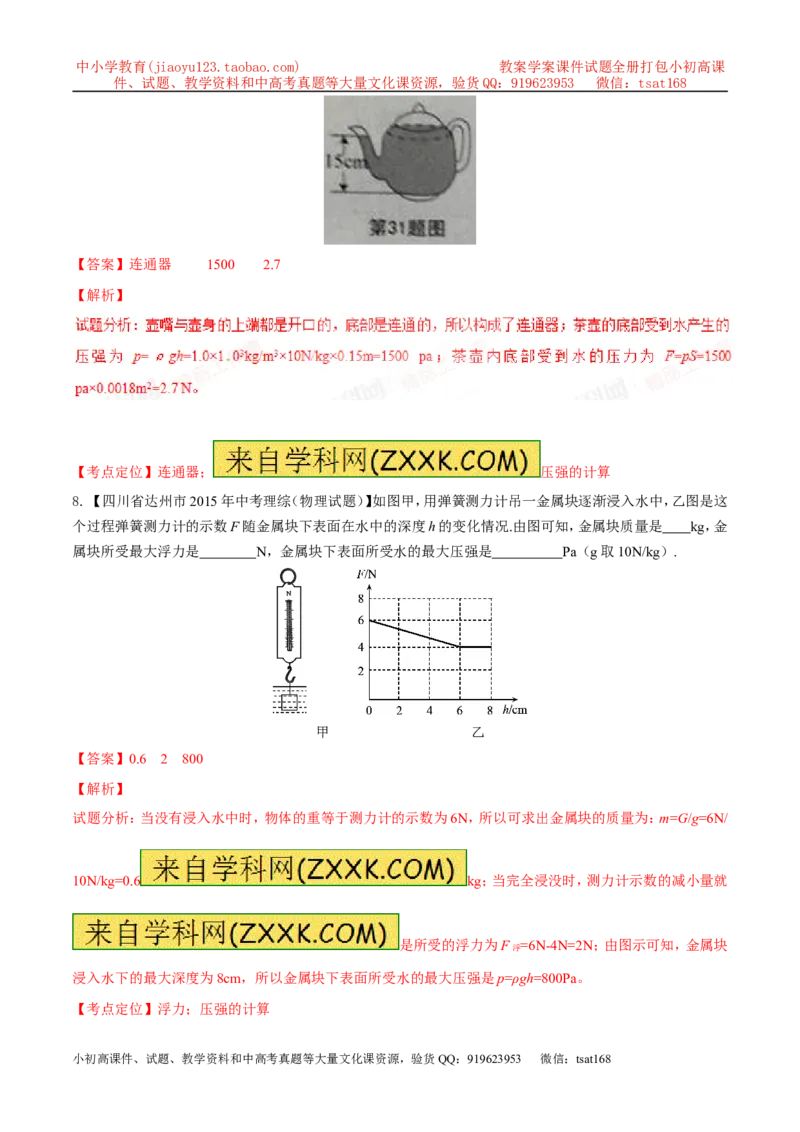 专题19压强计算（测）-备战2016年中考物理二轮讲练测（解析版）_初物_1初中物理_物理：备战2016年中考物理二轮复习讲练测132份