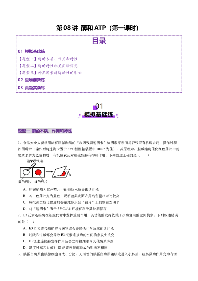 第08讲酶和ATP（第一课时）（练习）（原卷版）_2025年新高考资料_一轮复习_2025年高考生物一轮复习讲练测（新教材新高考）