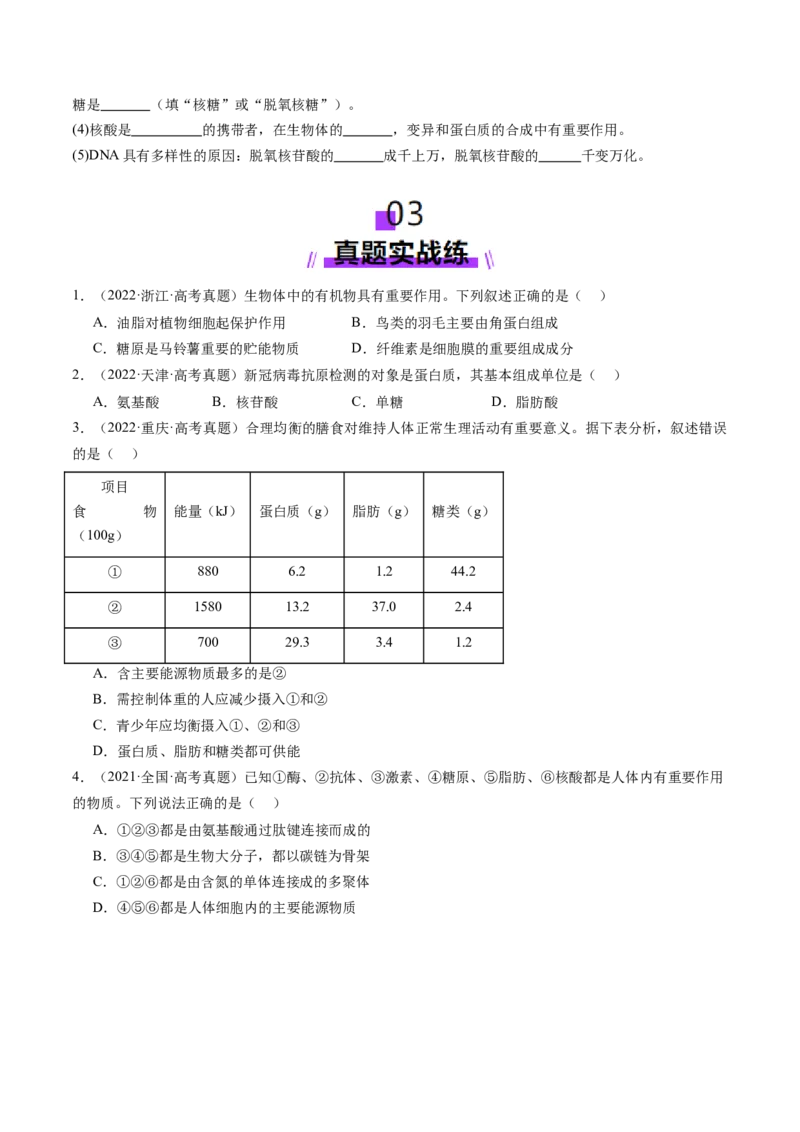 第04讲蛋白质和核酸（练习）（原卷版）_新高考复习资料_2025年新高考资料_2025年高考生物一轮复习讲练测（新教材新高考）