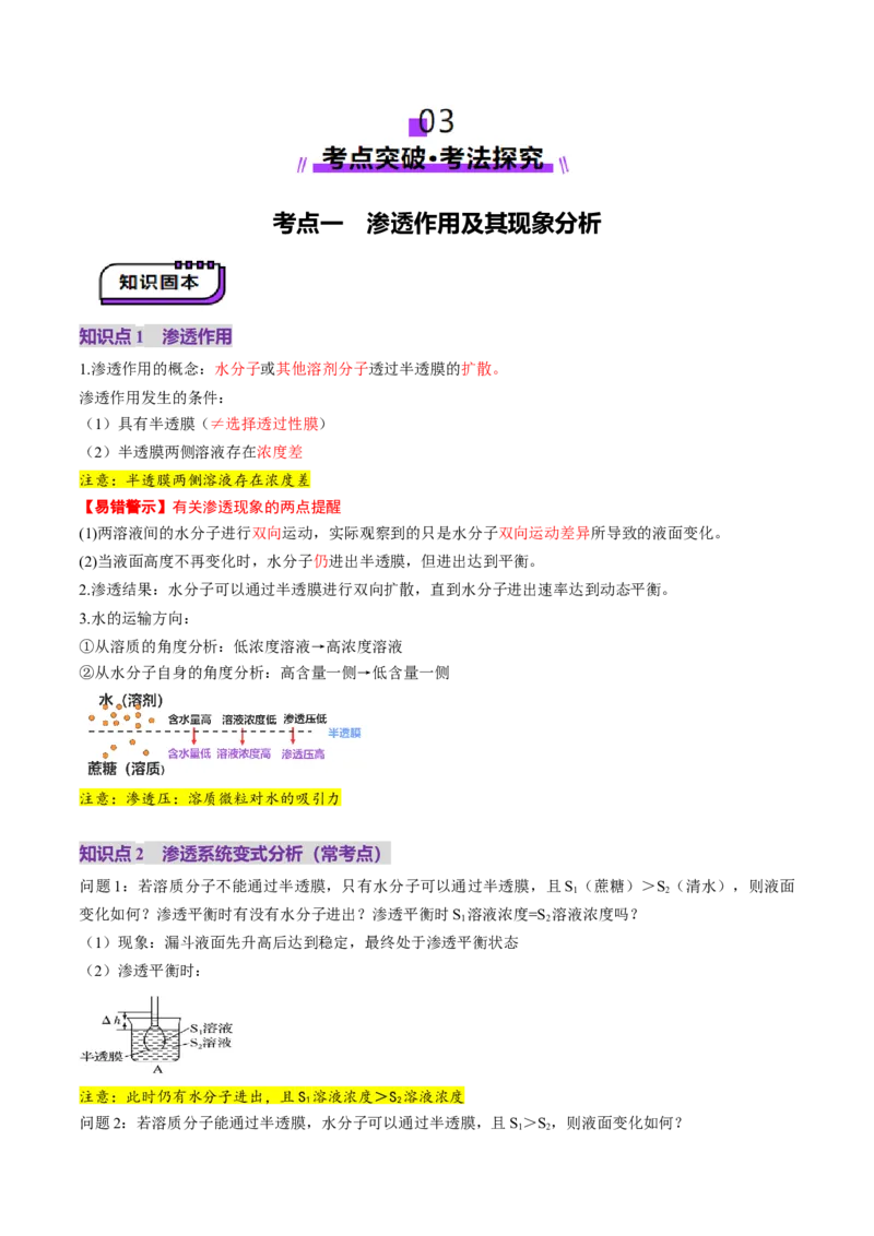 第07讲物质运输（讲义）（解析版）_新高考复习资料_2025年新高考资料_2025年高考生物一轮复习讲练测（新教材新高考）