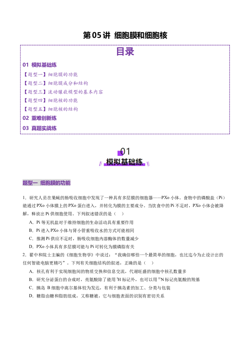 第05讲细胞膜和细胞核（练习）（原卷版）_2025年新高考资料_一轮复习_2025年高考生物一轮复习讲练测（新教材新高考）