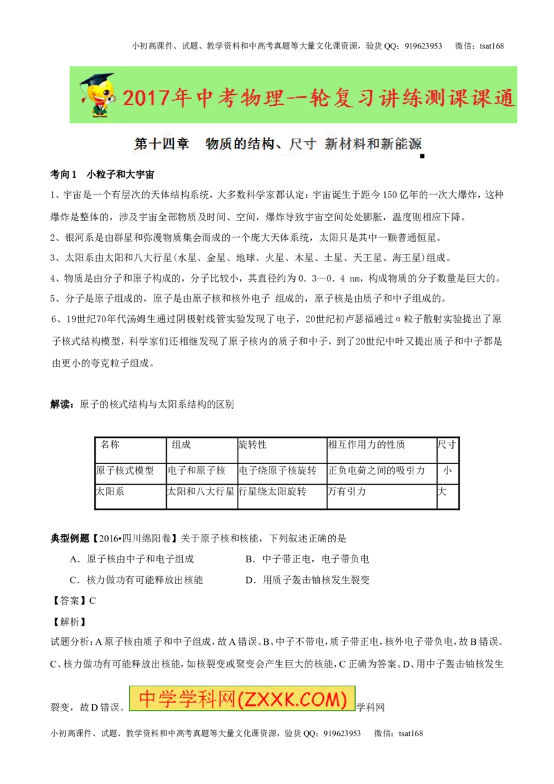 专题14物质的结构、尺寸新材料和新能源（讲练）-2017年中考物理一轮复习讲练测课课通（原卷版）_初物_1初中物理_物理：2017年中考物理一轮复习讲练测课课通全套打包115份