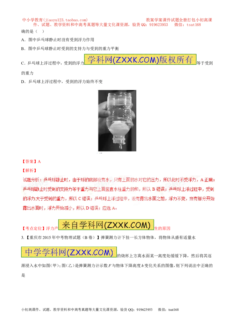 专题20浮力计算（讲）-备战2016年中考物理二轮讲练测（解析版）_初物_1初中物理_物理：备战2016年中考物理二轮复习讲练测132份