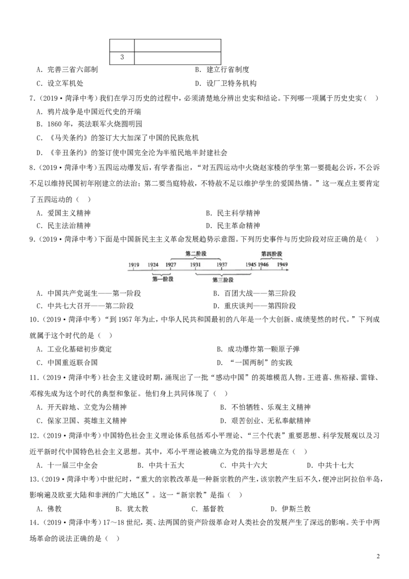 山东省菏泽市2019年中考历史真题试题_6.2015-2025年中考历史_2.历史中考真题2015-2024年_2019年全国中考历史170份