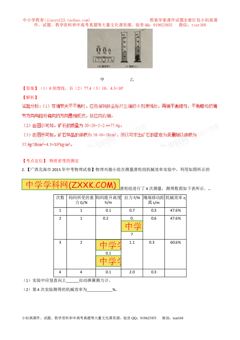 专题17测量型实验（练）-备战2016年中考物理二轮讲练测（解析版）_初物_1初中物理_物理：备战2016年中考物理二轮复习讲练测132份
