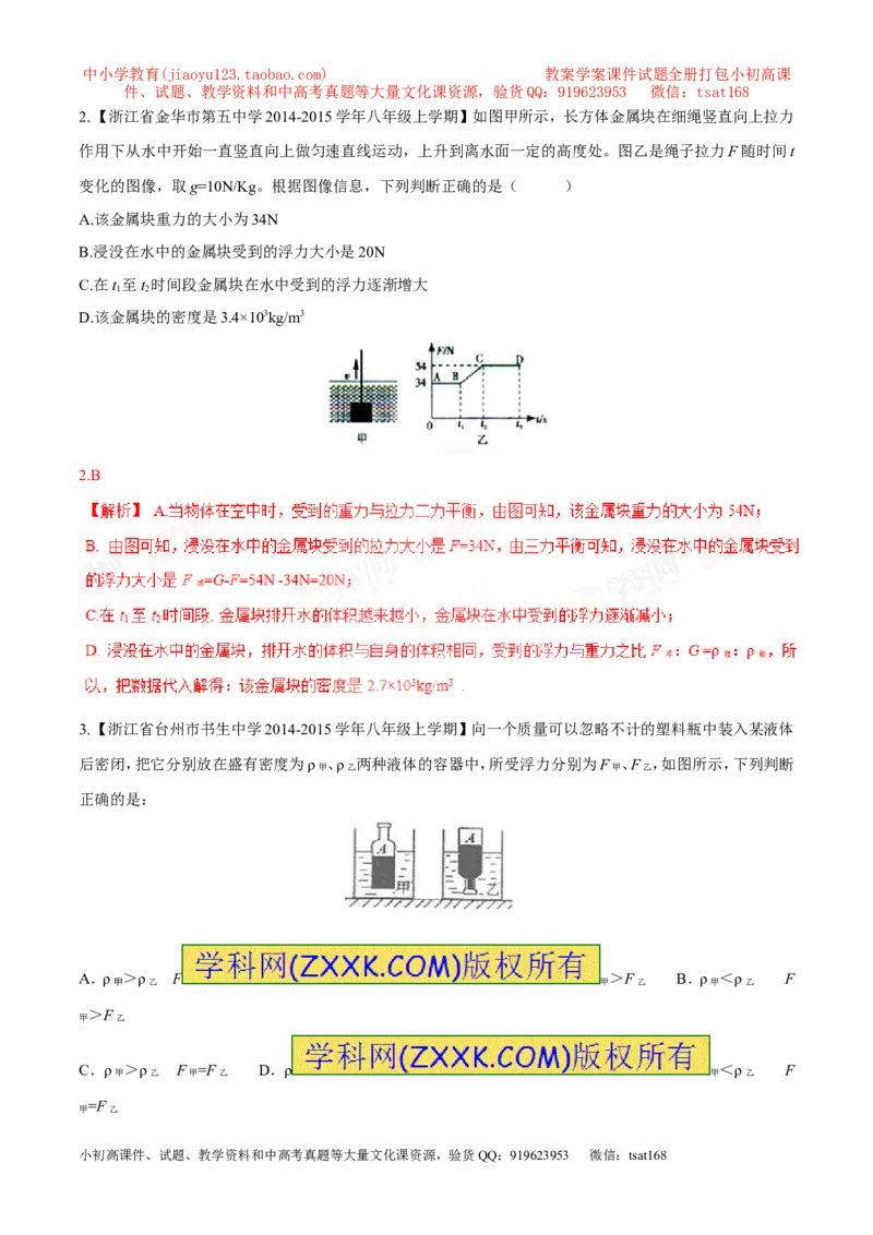 专题20浮力计算（测）-备战2016年中考物理二轮讲练测（解析版）_初物_1初中物理_物理：备战2016年中考物理二轮复习讲练测132份